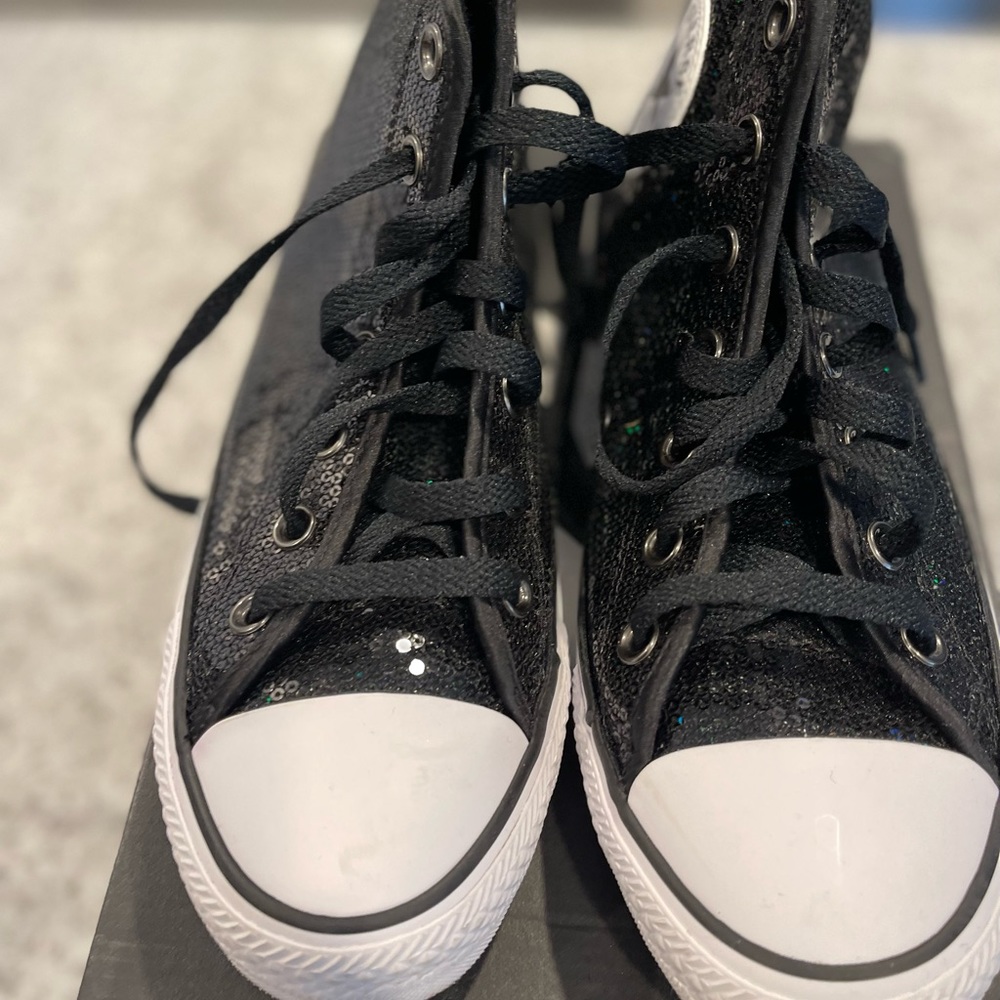Sequin black high top converse